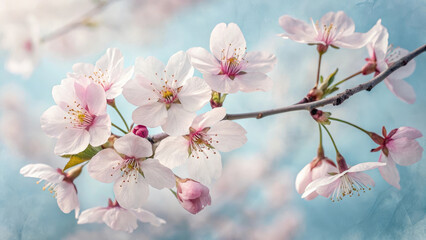 Obraz premium Delicate watercolor cherry blossom flowers with soft pink petals and gentle blue background create serene, springtime atmosphere, evoking feelings of peace and renewal