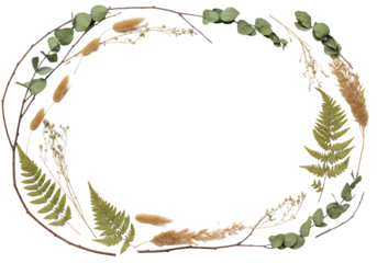 Perfectly arranged botanical frame of dried brown branches, muted green eucalyptus, and beige grasses, flat lay on transparent with negative space, high key light. Concept of organic purity