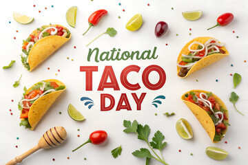 Celebrate National Taco Day with a festive burst of flavor—six colorful tacos, fresh garnishes, and confetti joyfully spotlight this beloved culinary tradition generative ai