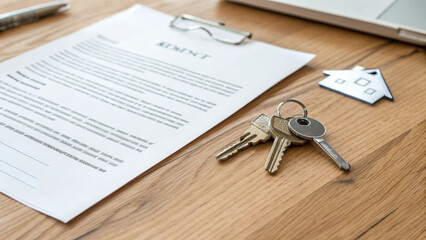 Modern apartment keys on wooden desk beside signed rental agreement, eyeglasses, laptop, and paper house cutout, symbolizing new home, real estate, and property ownership
