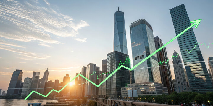 Green uptrend chart city skyline modern skyscraper financial growth urban landscape sunrise economic optimism business district investment success