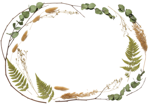 Perfectly arranged botanical frame of dried brown branches, muted green eucalyptus, and beige grasses, flat lay on transparent with negative space, high key light. Concept of organic purity
