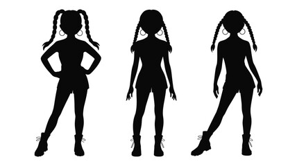 Three Silhouettes of Woman with Braided Hair &ndash; Wearing Shorts and Boots &ndash; Hands on Hips Posing &ndash; Perfect for Fashion, Style, Attitude, and Modern Design Projects