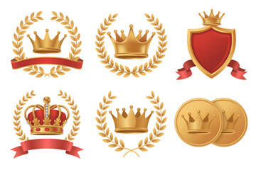 Collection of Golden Crowns, Laurel Wreaths, and Ribbons
