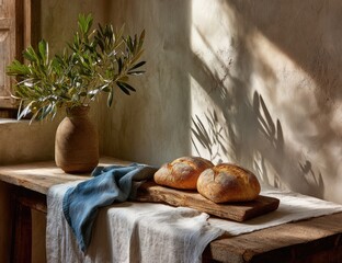 Sunlit rustic still life two loaves of artisan bread on a wooden board, beside a terracotta vase of olive branches, draped with linen cloth on a weathered wooden table against a textured wall