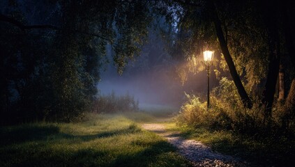 Obraz premium A misty, moonless night in a park; a solitary lamp illuminates a path winding through tall trees and dewy grass