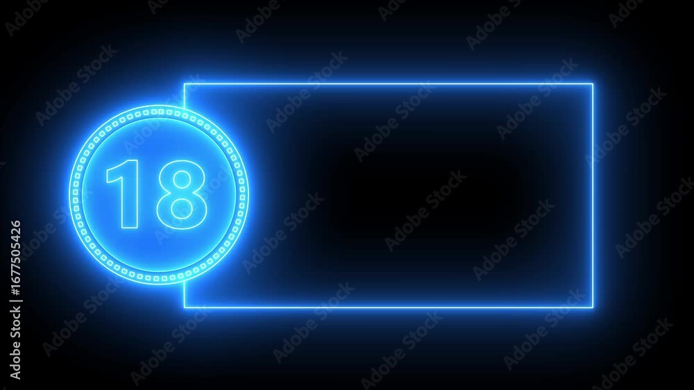 Poster blue neon number 18 inside circle with rectangular frame on black background eighteen digit