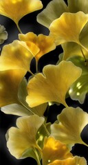 Backlit golden ginkgo leaves, delicately arranged against a dark background, showcasing their translucent veins and vibrant autumnal hues