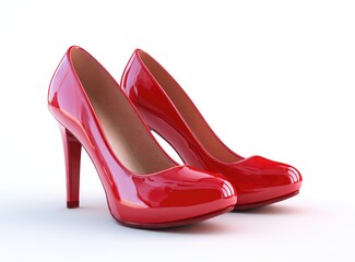 Two vibrant red high-heeled pumps are elegantly presented against a simple white backdrop.