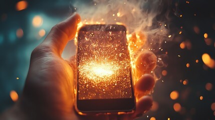 High-resolution shot of a glowing smartphone bursting