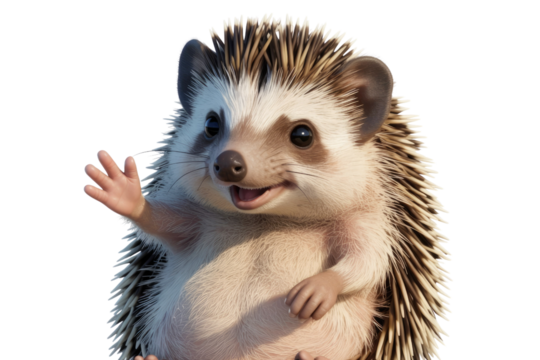 Adorable cartoon hedgehog waving hello with a cheerful expression, isolated on transparent background. background removed