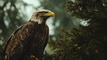 High-resolution close-up of eagle perched on tree bark
