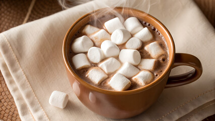 Hot chocolate with marshmallows in a brown mug on a white napkin