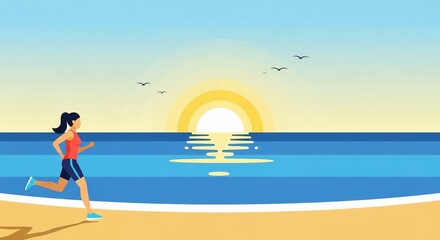 Woman jogging on a beach at sunrise with sun reflecting on the ocean, symbolizing health and fitness.