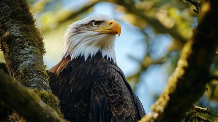 High-resolution close-up of eagle perched on tree bark