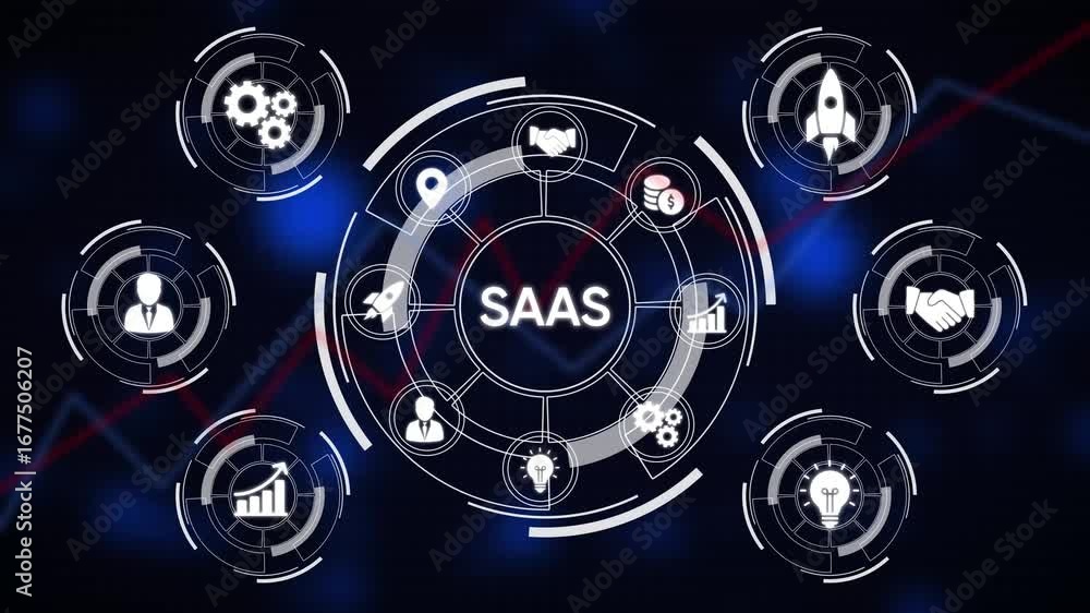 Poster saa s business technology concept with digital icons and futuristic hud interface saas software as a