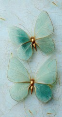 Two delicate, pale teal butterflies with gold accents rest on a textured, light blue background.  Their wings appear translucent and ethereal