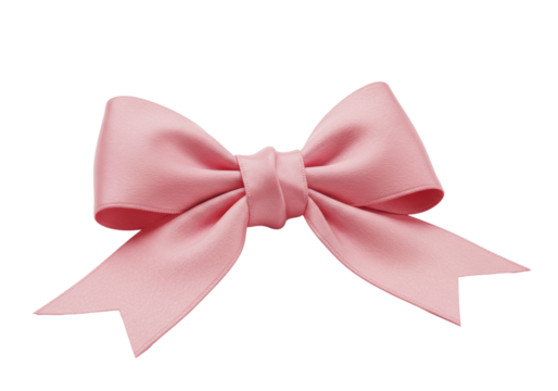 Perfectly tied rose pink satin bow, pristine and symmetrical, resting on a transparent surface with soft blurred white background and copy space, concept of elegant luxury
