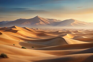 Golden desert dunes under a hazy sunrise sky