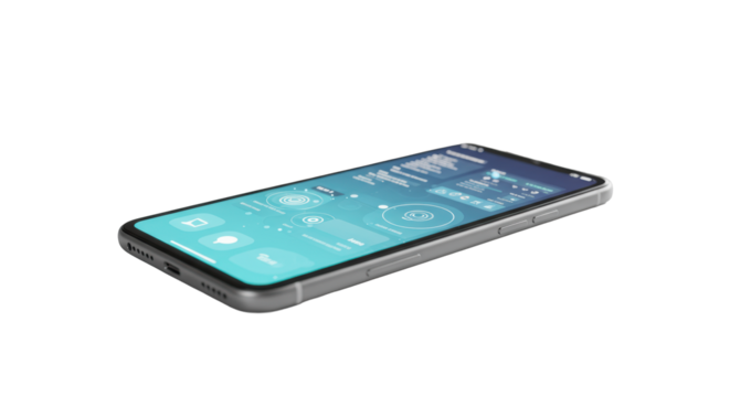 Sleek, unbranded, ultra-modern smartphone with a vibrant glowing screen, soft studio light, resting on a transparent desk in a blurred office, copy space, concept of technological innovation