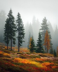 Misty autumnal forest scene with tall evergreens, a cluster of shorter conifers displaying vibrant fall foliage, and a foreground of colorful low-lying shrubs in muted oranges, reds, and yellows