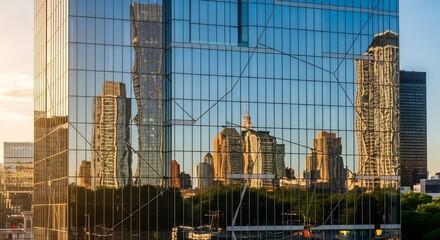 Fototapeta premium Modern Skyscrapers Reflected in a Glass Facade, Golden Hour Cityscape
