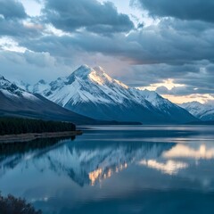 Naklejka premium Dramatic mountain peaks reflecting in a calm lake under a cloudy sky