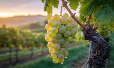 Close-up of a cluster of ripe, pale green grapes hanging from a vine, bathed in soft morning light.  Vineyard stretches into the background