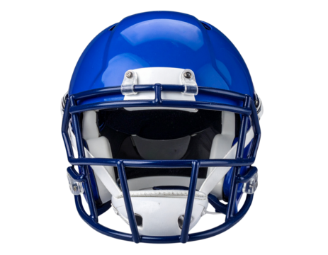 Front View of Blue American Football Helmet with Faceguard, Isolated on Transparent Background