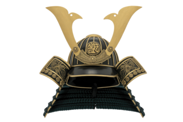 Ornate black and gold samurai helmet, detailed design, isolated on transparent background. background removed