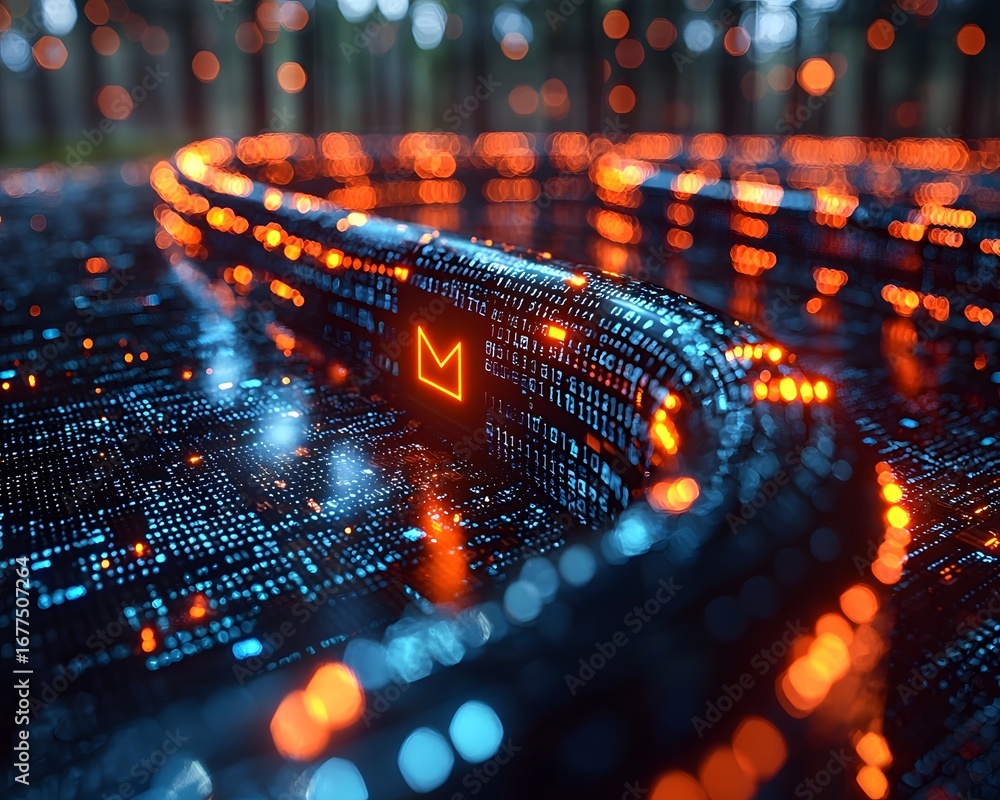 Poster futuristic blockchain security system analyzing a data breach with an alert flashing