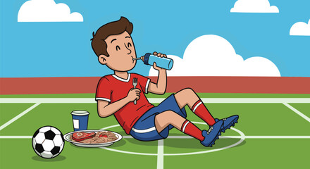 Soccer player relaxing on the field after a match, enjoying a meal and a drink