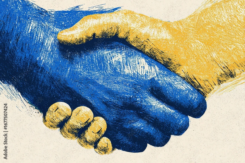 Poster hands shaking in blue and yellow colors symbolizing unity and collaboration between communities and 