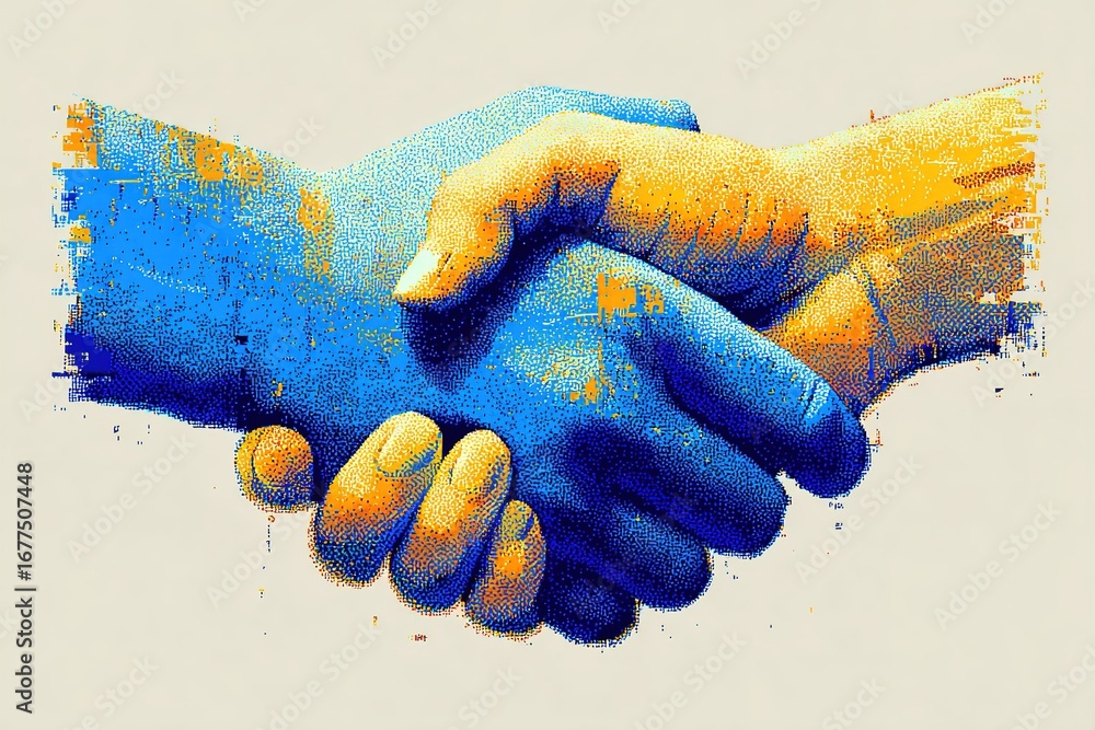 Poster hands shaking in vibrant colors symbolizing unity and collaboration