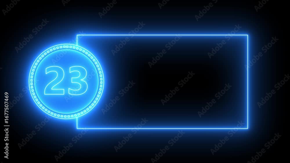 Poster blue neon number 23 inside circle with rectangle frame on black background twenty three numeral