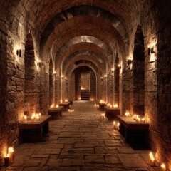 A dimly lit stone corridor with arched ceilings, stone benches lining the sides, and numerous candles casting a warm glow, leading to a distant altar