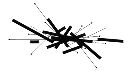 Dynamic black brush strokes of varying thickness and thin, precise lines form an intricate abstract pattern on a transparent background, suggesting flow and connection. Concept of strategic ideation.