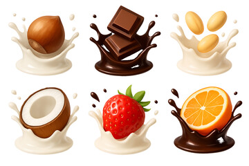 Assortment of Fruits and Chocolate Splashing in Milk and Chocolate