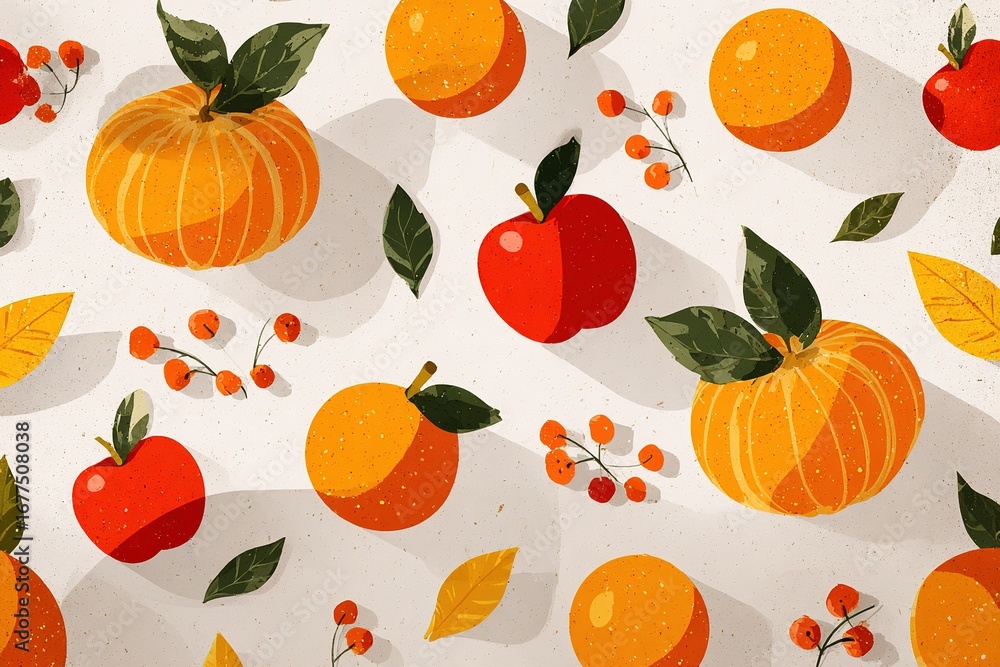 Poster colorful pattern of fruits including apples and oranges on a textured background with leaves and ber