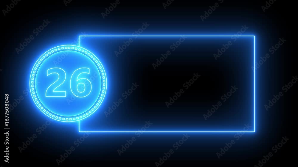 Poster blue neon number 26 inside circle with rectangle frame on black background twenty six numeral
