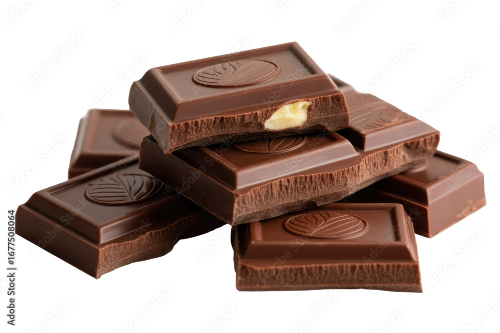 Poster a stack of dark chocolate bars with a visible nut filling, isolated on a transparent background. bac