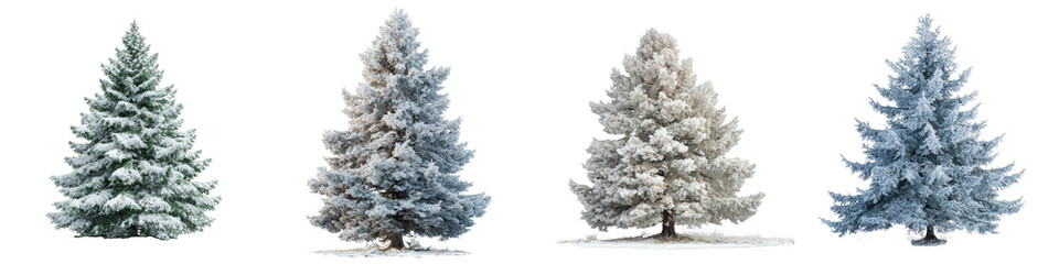 four different types of winter evergreen Christmas trees on transparent background