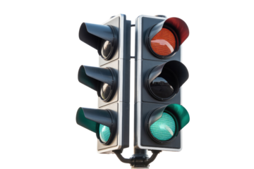 A double traffic light with red, amber and green lights against a transparent background. background removed