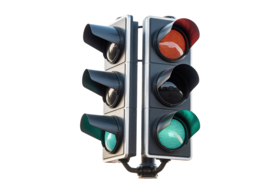 A double traffic light with red, amber and green lights against a transparent background. background removed