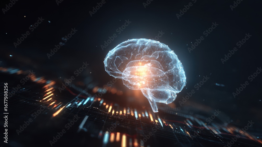 Fototapete digital brain visualization - glowing neural network with data stream in dark space.