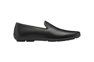 Black leather slip-on loafer shoe with a comfortable rubber sole, perfect for casual wear. background removed