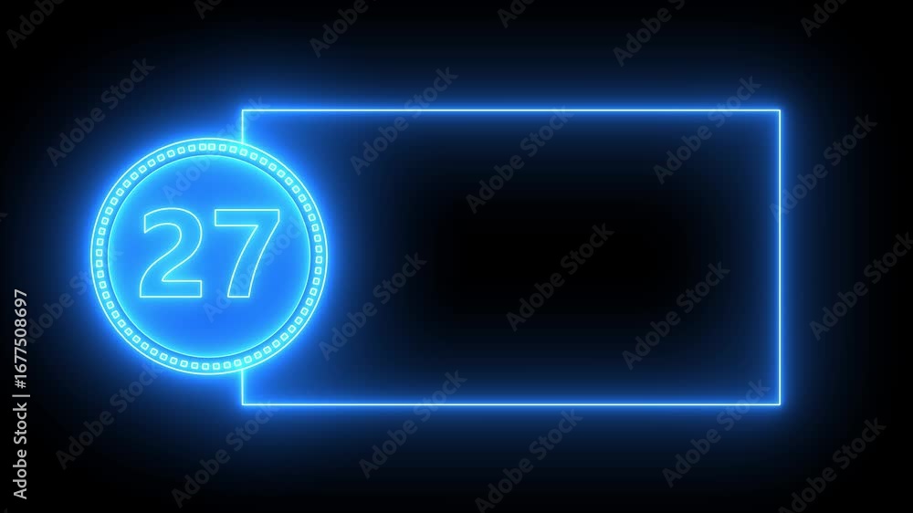 Poster blue neon circle with number 27 and rectangular frame on black background twenty seven digit