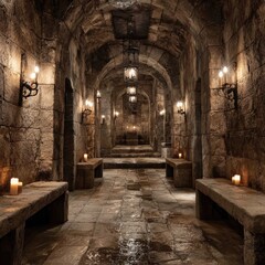 A dimly lit stone corridor with arched ceilings, candlelit wall sconces, and a stone throne at the far end, creates a medieval, mystical atmosphere