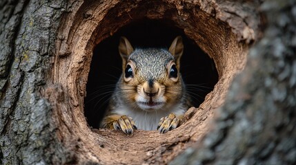 Macro photography of a squirrel peeking from a natural