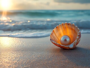 Serene seashell with a pearl on the golden sand beach
